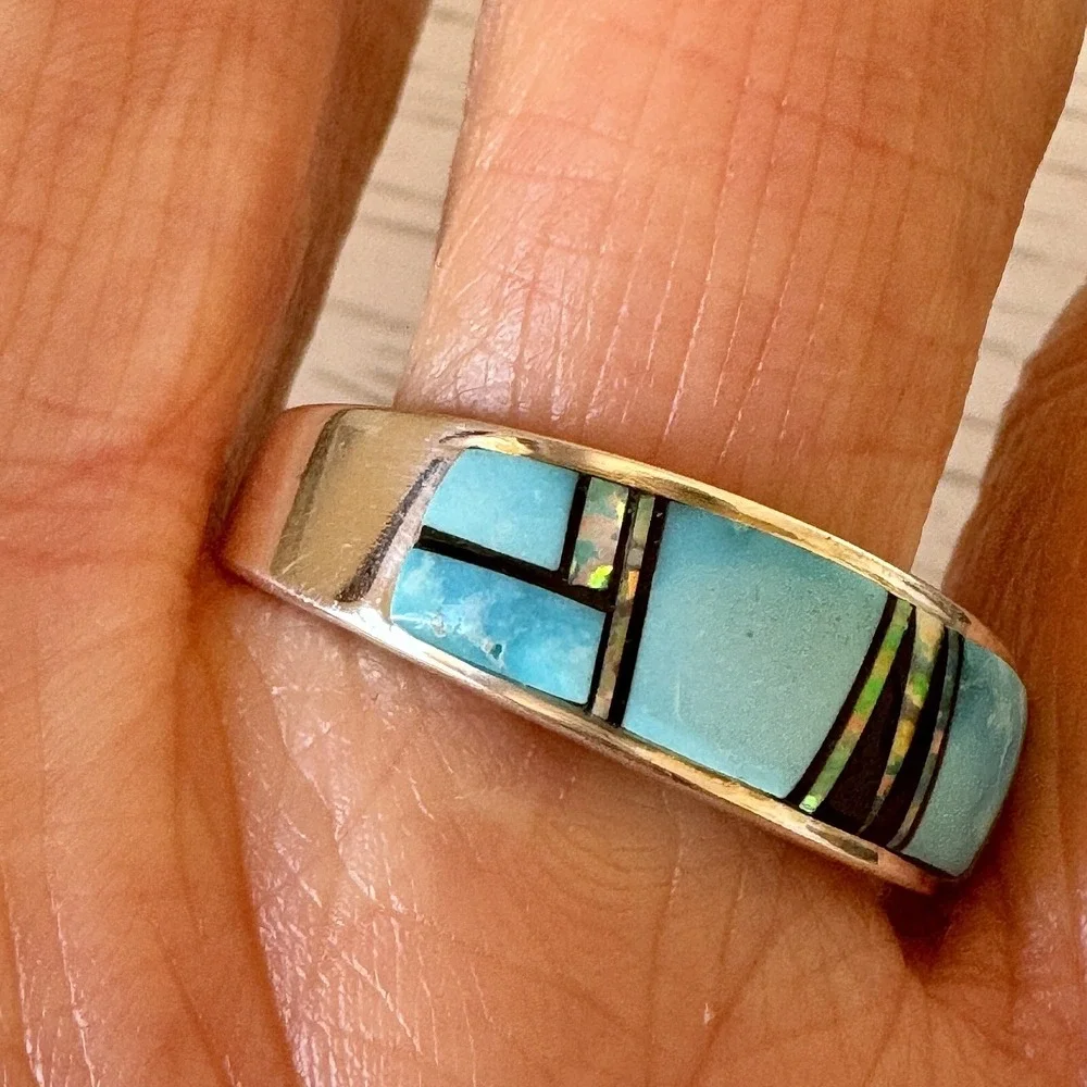 Navajo Inlay Turquoise Opal Wedding Band Sz 13 9mm Ring Men Signed AT B